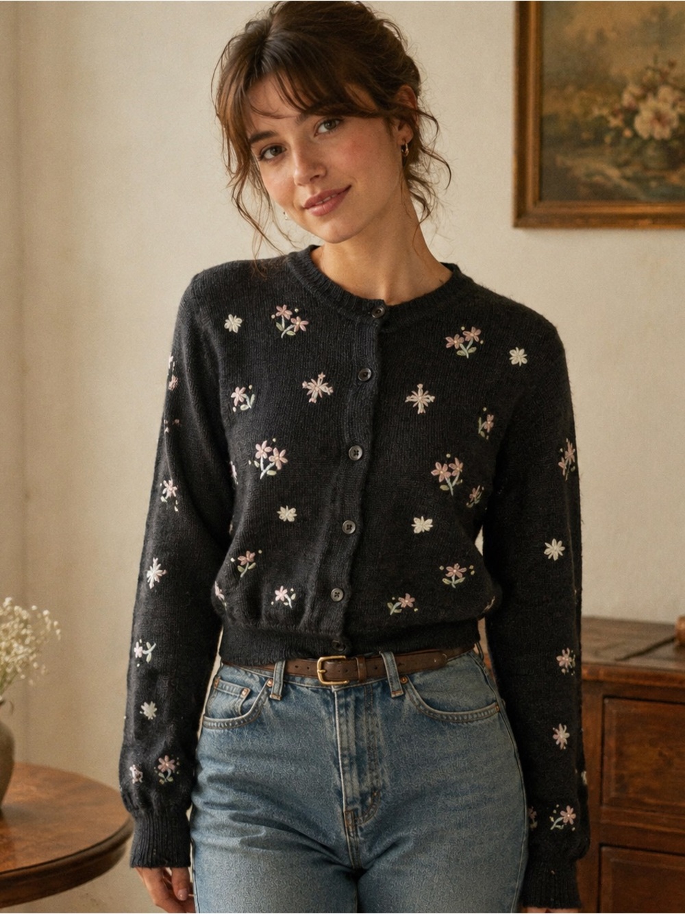 Aeropostal Vintage Embroidered Floral Boho Cardigan Sweater Coquette Gray Medium